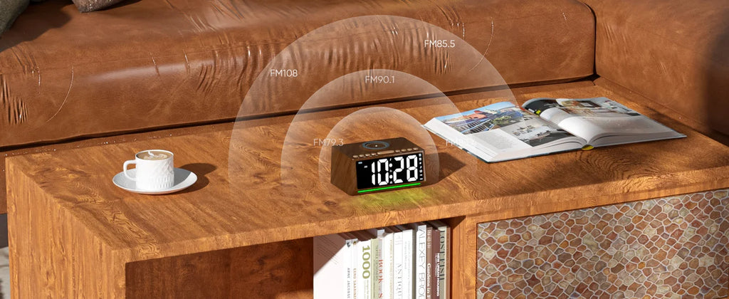 Wooden Digital Alarm Clock with Wireless Charger & Bluetooth Speaker Tidesmit