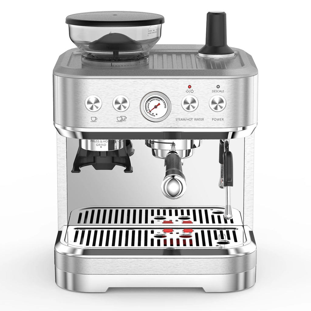 Stainless steel espresso machine with integrated grinder, pressure gauge, and steam wand for home brewing.