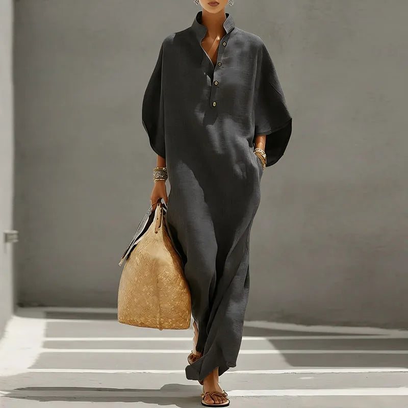 Summer Holiday Bohemian Long Dress Women's Sexy Stand Collar Button Elegant Party Dresses Spring Batwing Sleeve Loose Maxi Dress