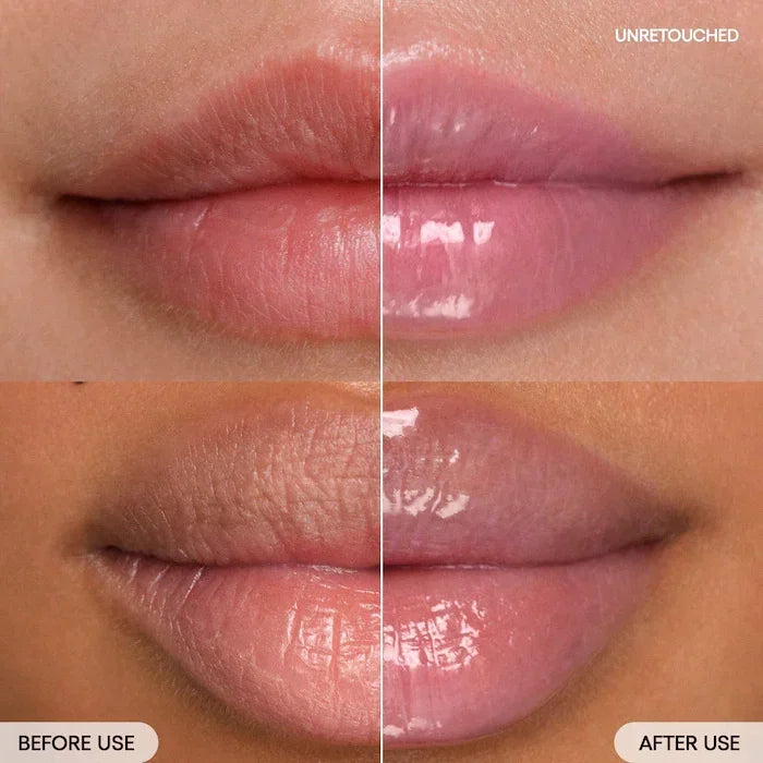 Laneige Lip Glowy Balm Honey Donut: Before and after transformation showing hydrated, glossy, tinted pink lips.