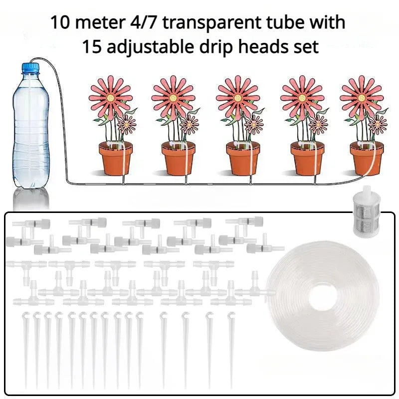 Automatic drip irrigation set with long transparent tubing and multiple adjustable drip heads