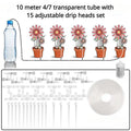 Automatic drip irrigation set with long transparent tubing and multiple adjustable drip heads