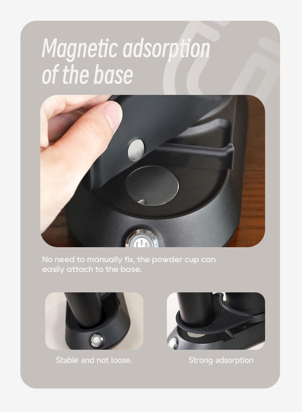 Black coffee maker base with magnetic cup adsorption feature for stable, secure attachment.