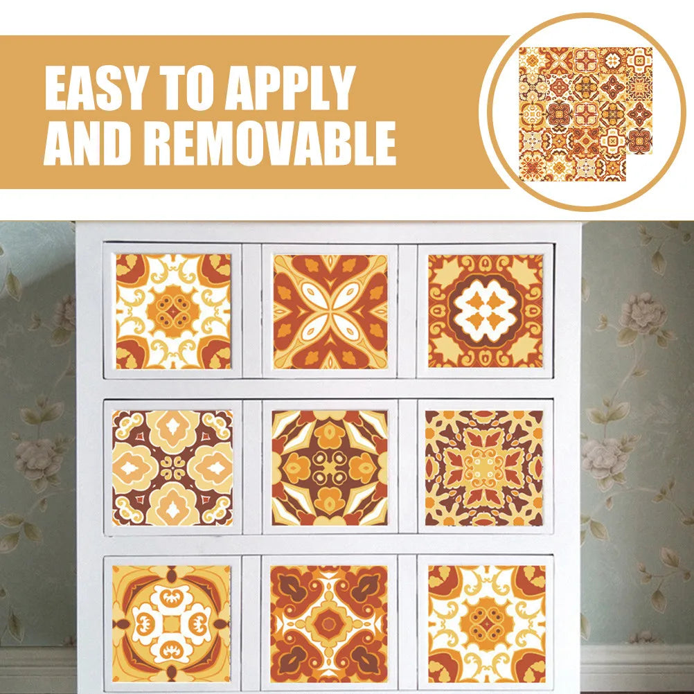 Peel-and-stick mosaic tile wall stickers with orange and cream square tiles in a 3x3 layout