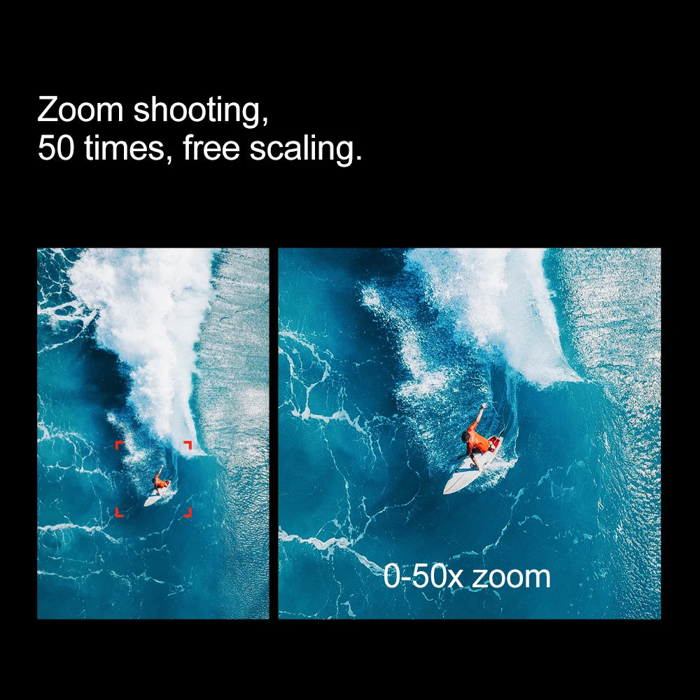Comparison of two aerial photos showing a surfer on a wave, demonstrating 50x zoom capability for close-up shots.