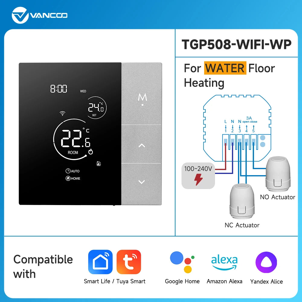 Smart WiFi thermostat package for water floor heating, showing thermostat and actuator wiring diagram.