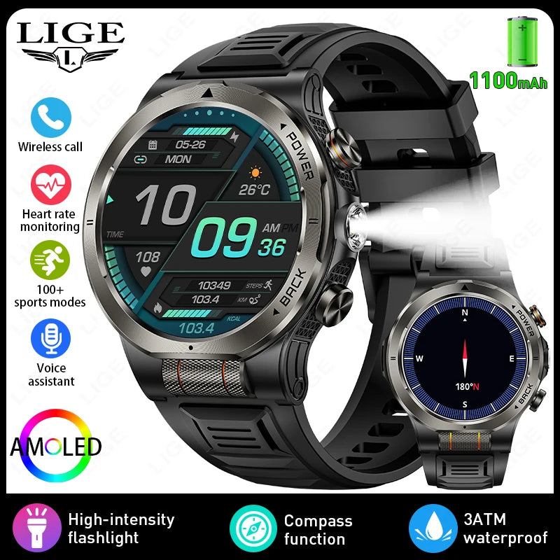 LIGE black smartwatch with teal AMOLED display and compass dial; 3ATM waterproof.