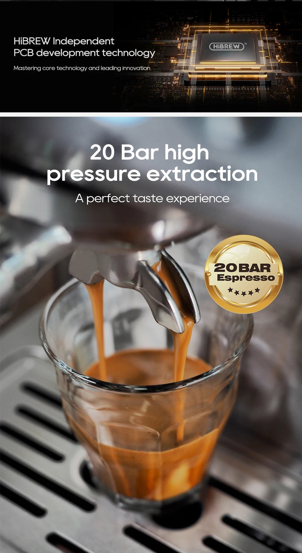 HiBREW espresso machine portafilter pouring coffee into a glass with 20-bar high-pressure extraction technology.
