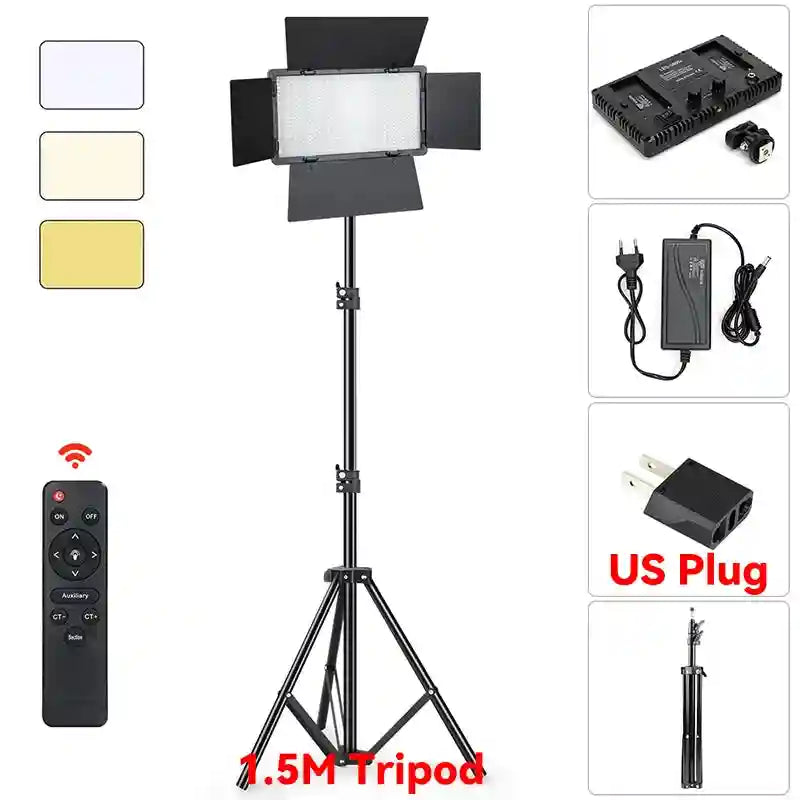LED video light with barn doors, remote control, and 1.5m tripod stand for studio photography and video lighting.