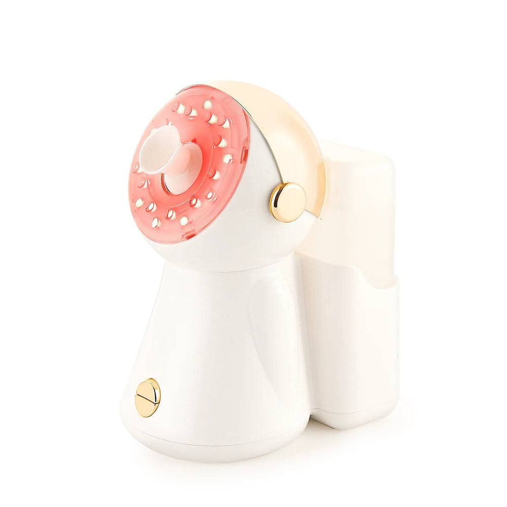 White facial steamer with red light therapy, hot nano spray, and gold accents for home skin brightening and pores.