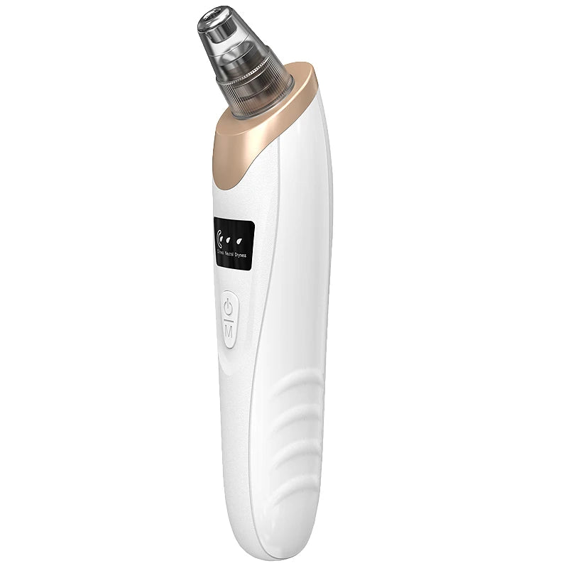 White and gold electric blackhead remover tool with a clear suction nozzle and power button on a white background.