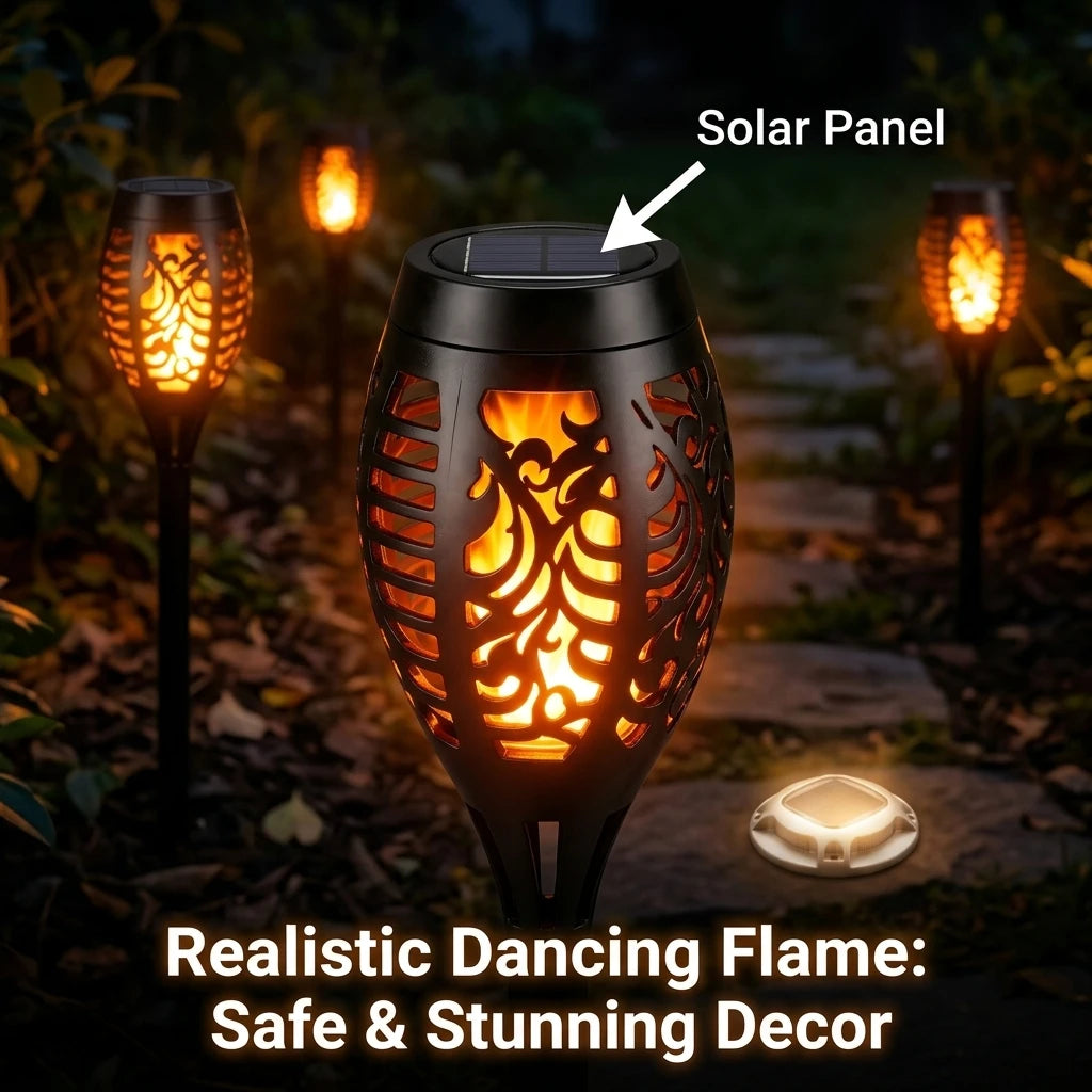 Solar Outdoor Lights Set: Flickering Flame Torch Lights & Round Warm White Ground Lights for Garden Pathway, Lawn Landscape Lighting, Waterproof LED S-Curve Path Guide Lights for Yard, Driveway, and Courtyard Night Atmosphere