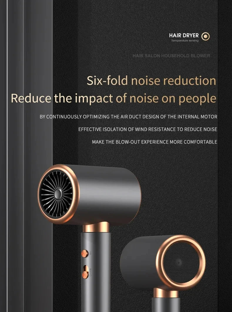 Grey and gold 2000W professional ionic hair dryer with quiet motor, temperature control, and modern salon design.
