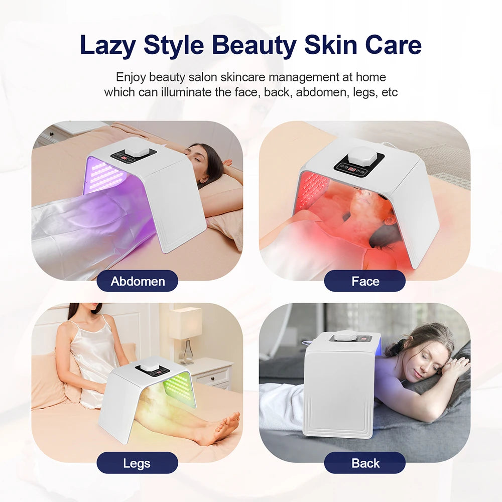 White arched light therapy device for at-home face and body skin treatment with red, blue, and green LED panels.