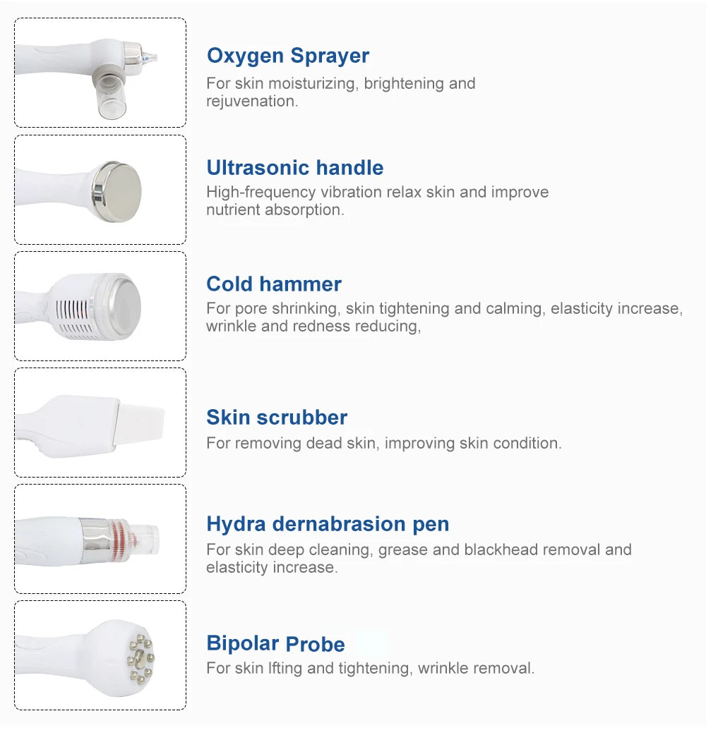 AOKO 6-in-1 hydra dermabrasion facial machine components: oxygen sprayer, ultrasonic, cold hammer, scrubber, and probes.