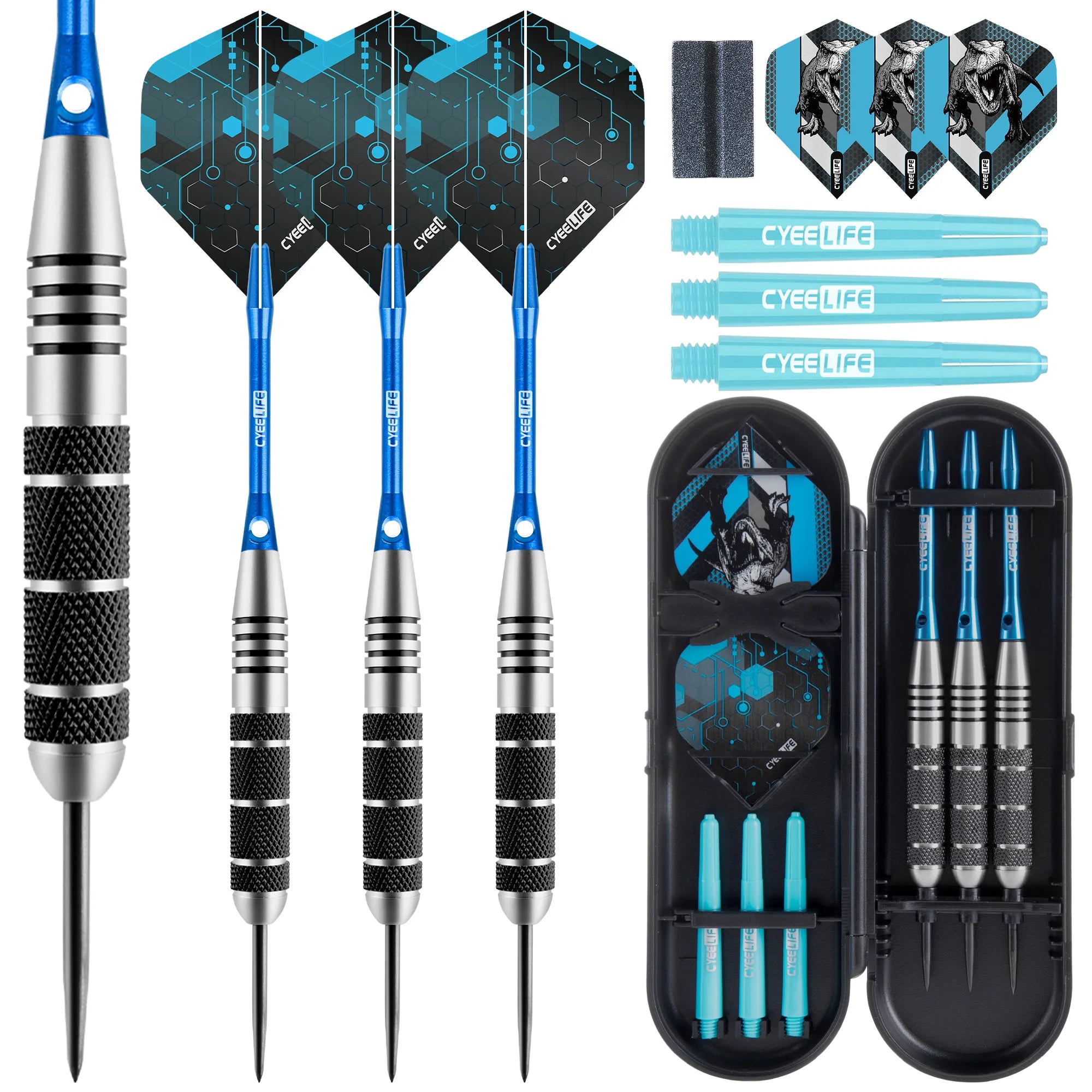 CyeeLife 26g steel tip dart set with blue aluminum shafts, PET flights, and storage case for precise target practice.