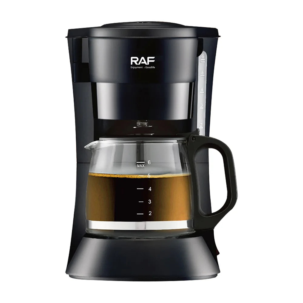 RAF 6-cup drip coffee maker in black plastic with glass carafe and clear water level markings.