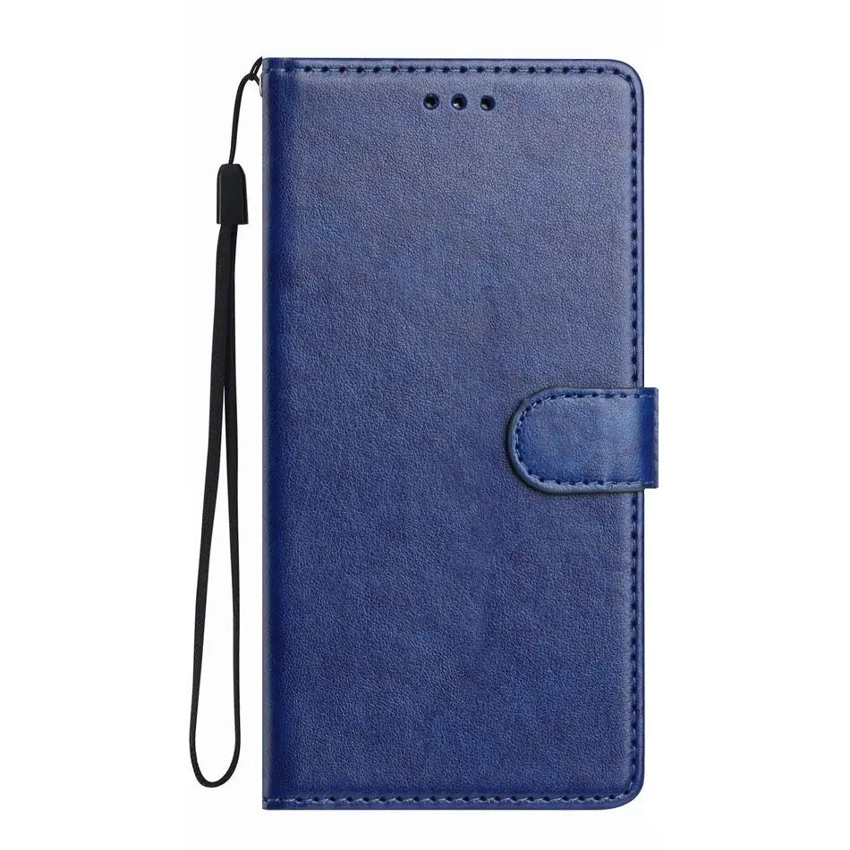 Blue leather-style flip phone case with a magnetic closure and detachable wrist strap.