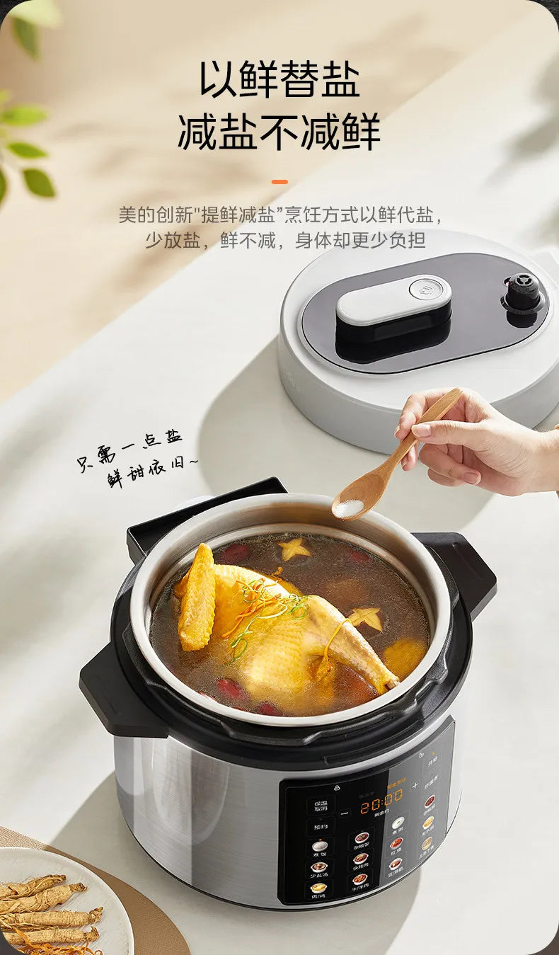 Electric pressure cooker with whole chicken in inner pot and spoon serving