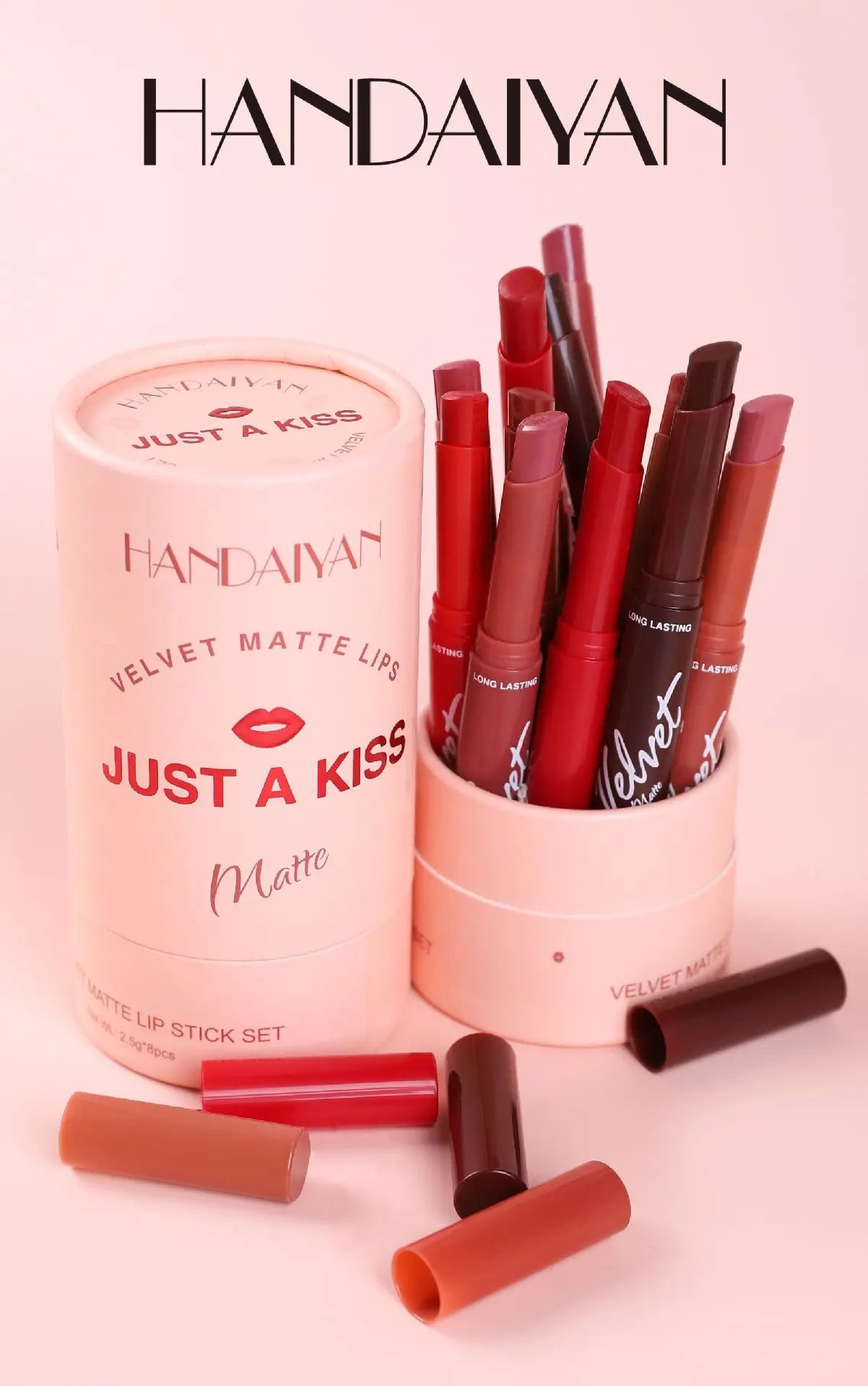 8-piece Handaiyan velvet matte lipstick set in round gift box, featuring long-lasting colorful matte makeup sticks.