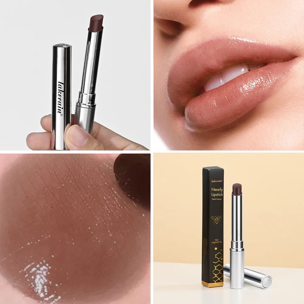 Lakerain dark honey tinted lipstick with moisturizing, non-stick, plumping formula for a glossy brown lip makeup look.