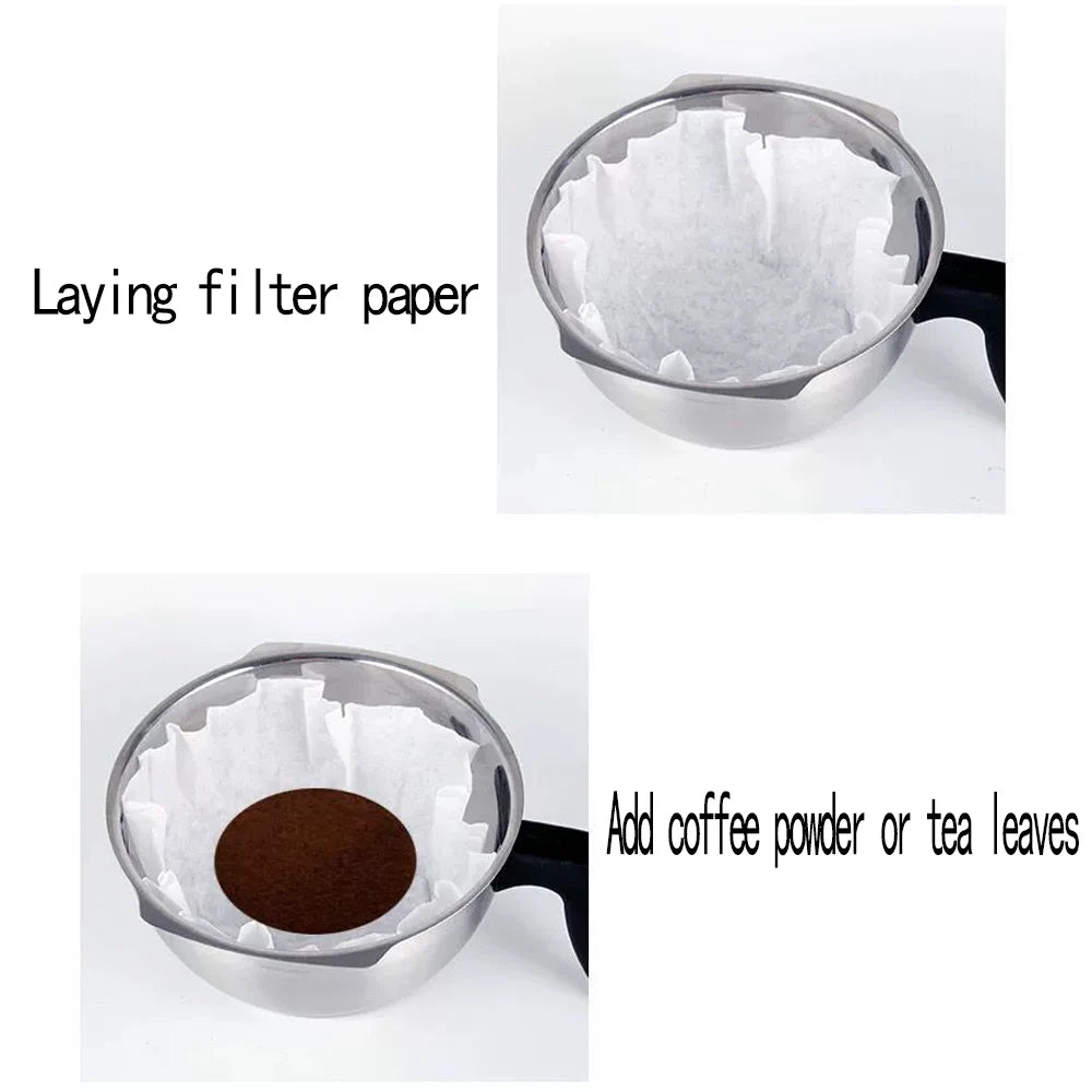 Stainless steel coffee dripper with handle, showing steps to insert paper filter and add ground coffee or tea leaves.