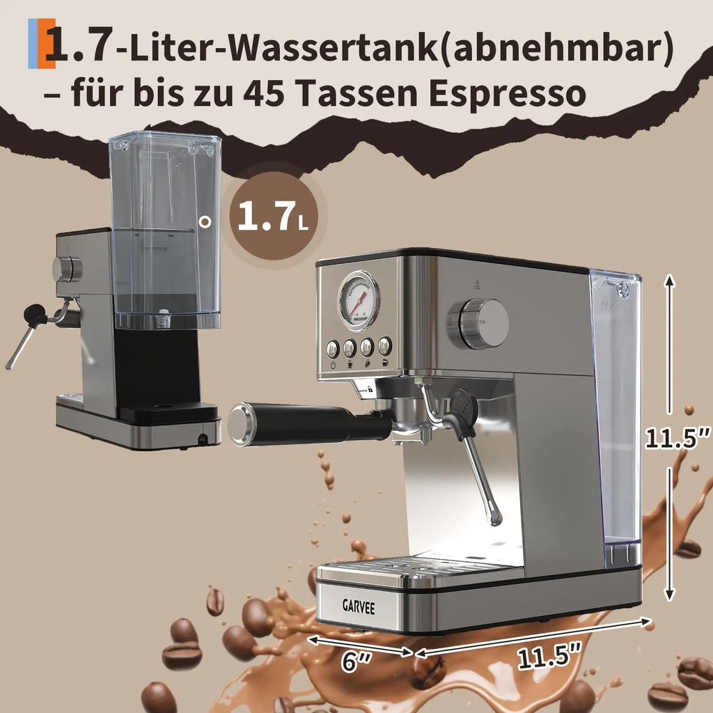 Garvee stainless steel espresso machine with 1.7L detachable water tank, pressure gauge, and steam wand.