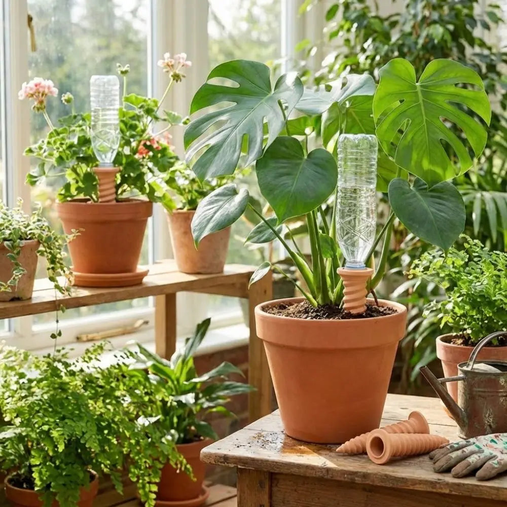 Terracotta self-watering stakes with clear tubes, inserted in several houseplants