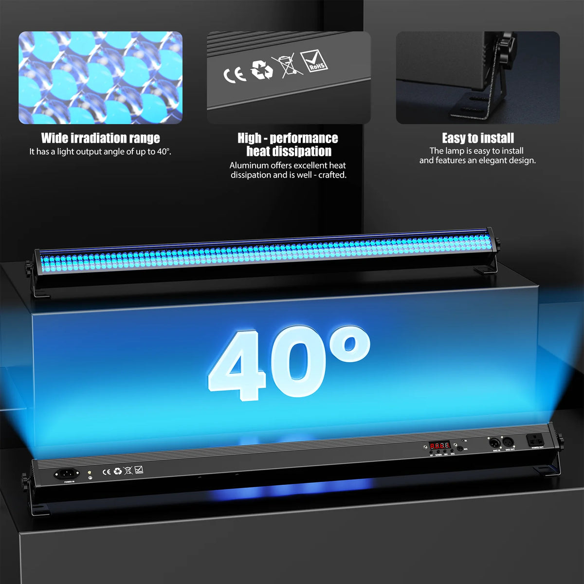 RGB LED wall washer bar with wide 40-degree beam, even bright color strip