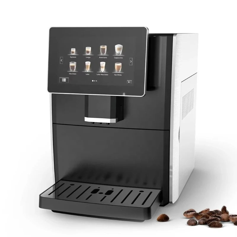 Black and silver automatic espresso machine with large digital touchscreen and integrated drip tray on white background.