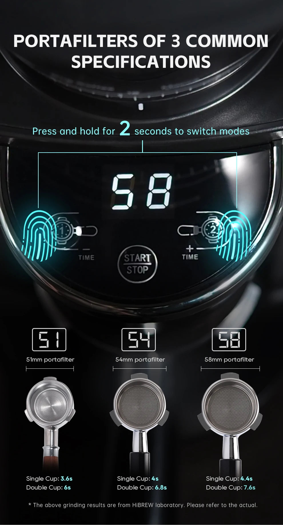 HiBREW coffee grinder digital display showing 51mm, 54mm, and 58mm portafilter grind settings and timer controls.