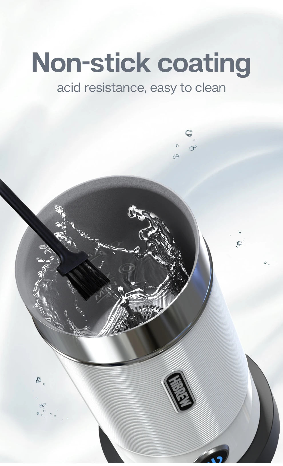 HiBREW white electric milk frother with non-stick interior coating and cleaning brush in a water splash design.