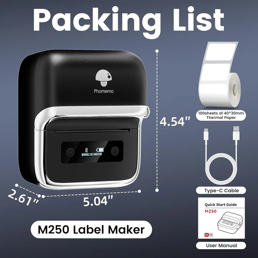 Black thermal label maker with LCD screen and Type-C cable, 4.54in size shown