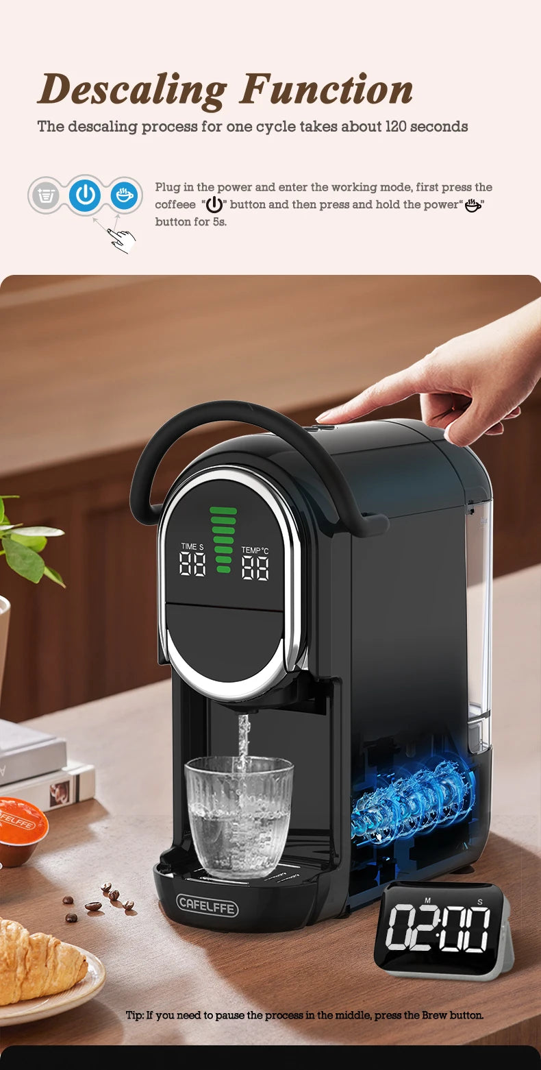 Black CAFELFFE coffee maker showing descaling function with digital display and glass cup on a wooden table.