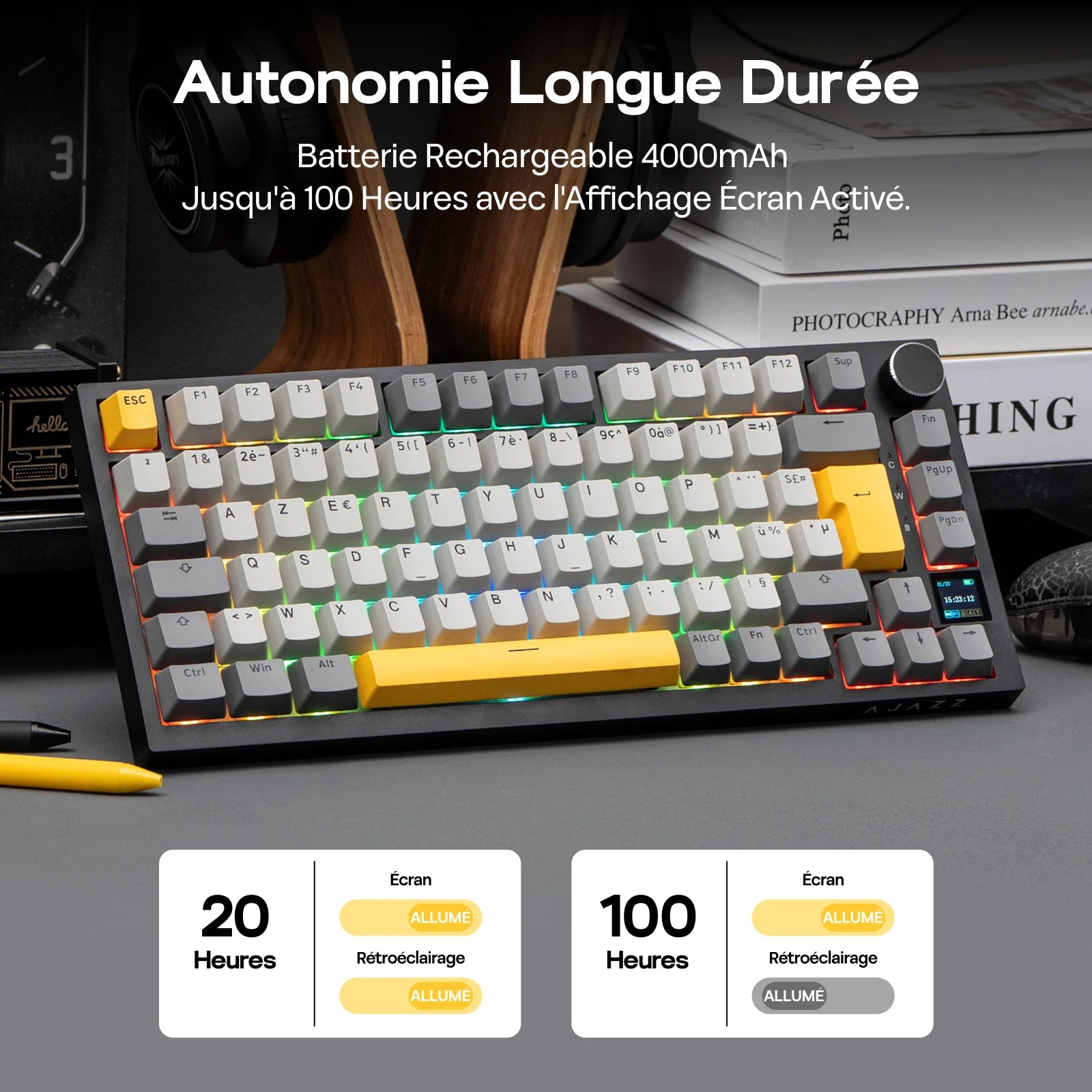 ISO-FR Layout EPOMAKER X AJAZZ AK820 PRO 75% AZERTY French Gasket Wired/Bluetooth/2.4GHz Wireless Mechanical Keyboard with Interactive TFT & 4000mAh