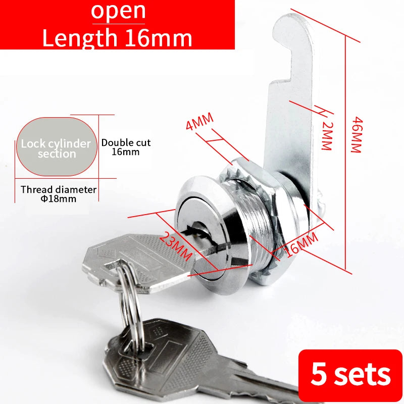 5/20SETS Metal Cylinder Cabinet Security Locker Cam Lock With 2 Keys Same Key Different Key Security Mailbox Lock Drawer 16mm