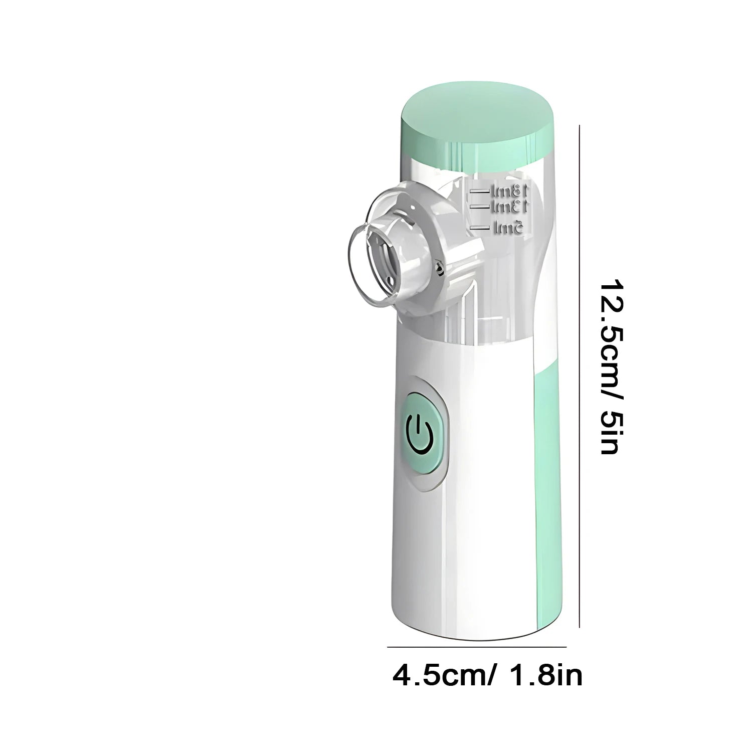 Green and white portable nano eye steamer mist sprayer for dry eye relief and hydration with dimension measurements.