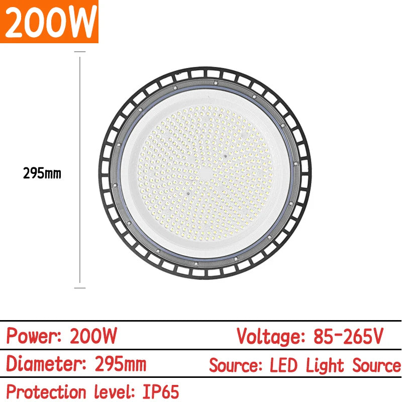 200W UFO LED high bay light diagram with 295mm diameter and IP65 rating