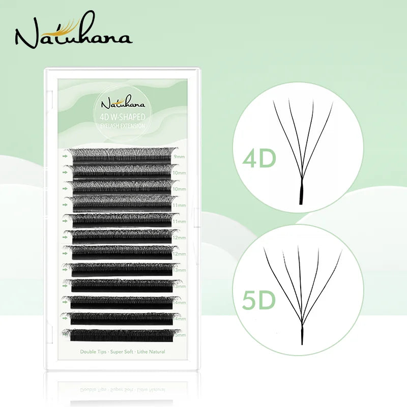 Natuhana W-shaped black premade volume eyelash extension tray with 4D and 5D fan diagrams on a light green background.