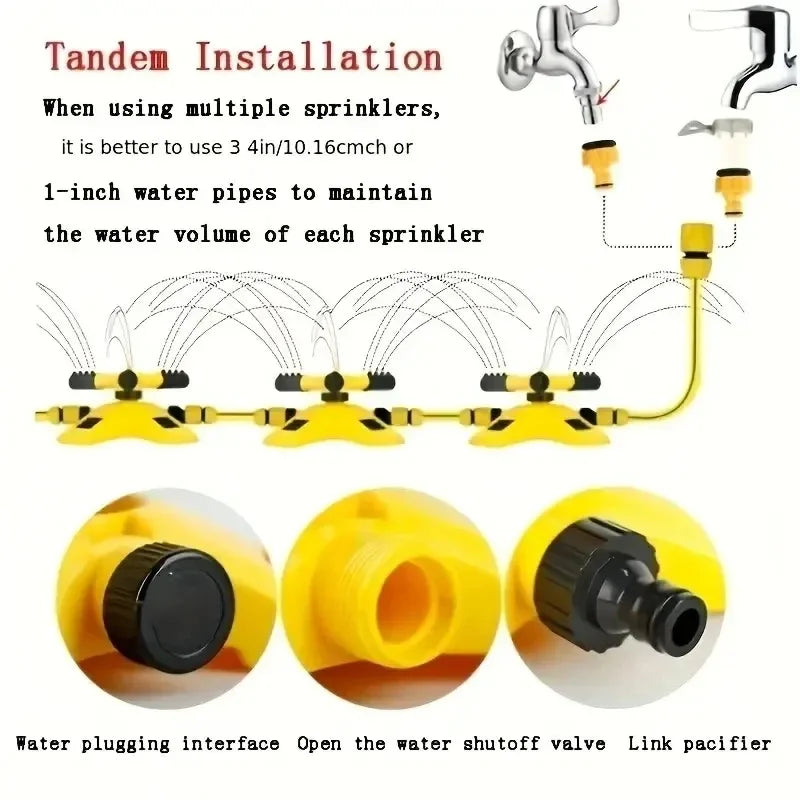 Automatic rotating sprinkler set with multiple heads and yellow/black hose connectors