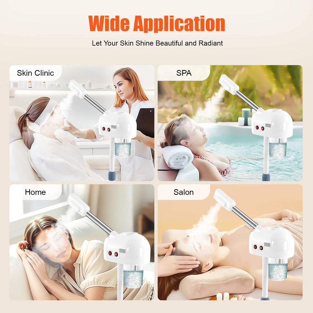 750ml professional white facial steamer with adjustable arm for home, spa, and salon skincare treatments.
