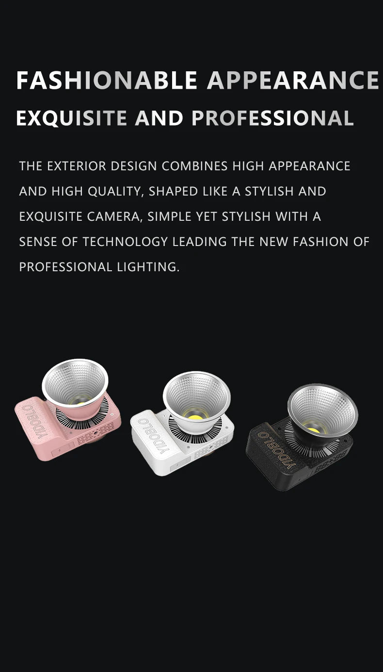 Pink, white, and black compact LED photography lights with round reflectors, styled like small cameras.