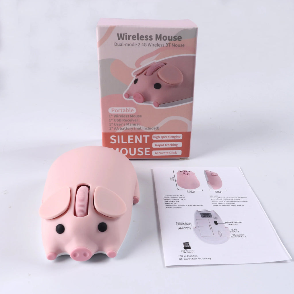 Cute 3D Little Pig Wireless Mouse 2.4G Bluetooth Dual-mode Silent For Women Office Laptop PC