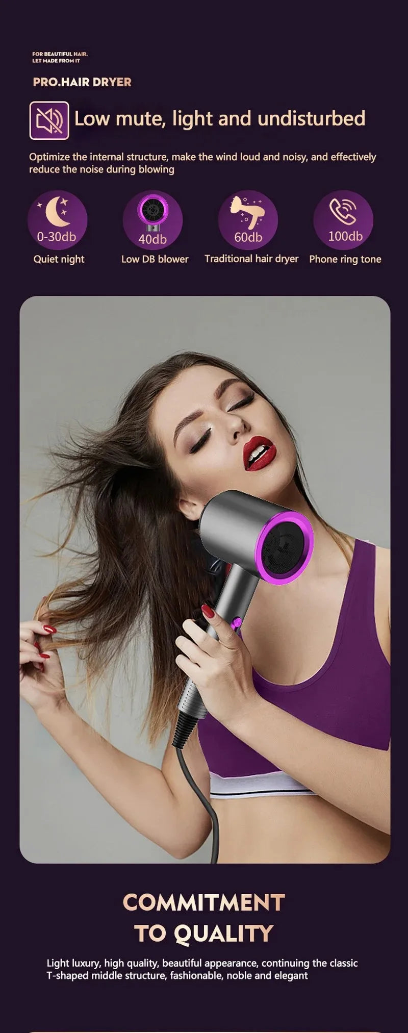 Woman using a grey high-speed negative ion hair dryer with a purple ring design for professional, quiet hair styling.