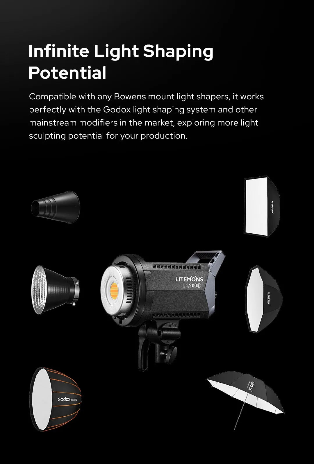 Litemons LA200D LED video light with various Bowens mount attachments, including reflectors, softboxes, and an umbrella.