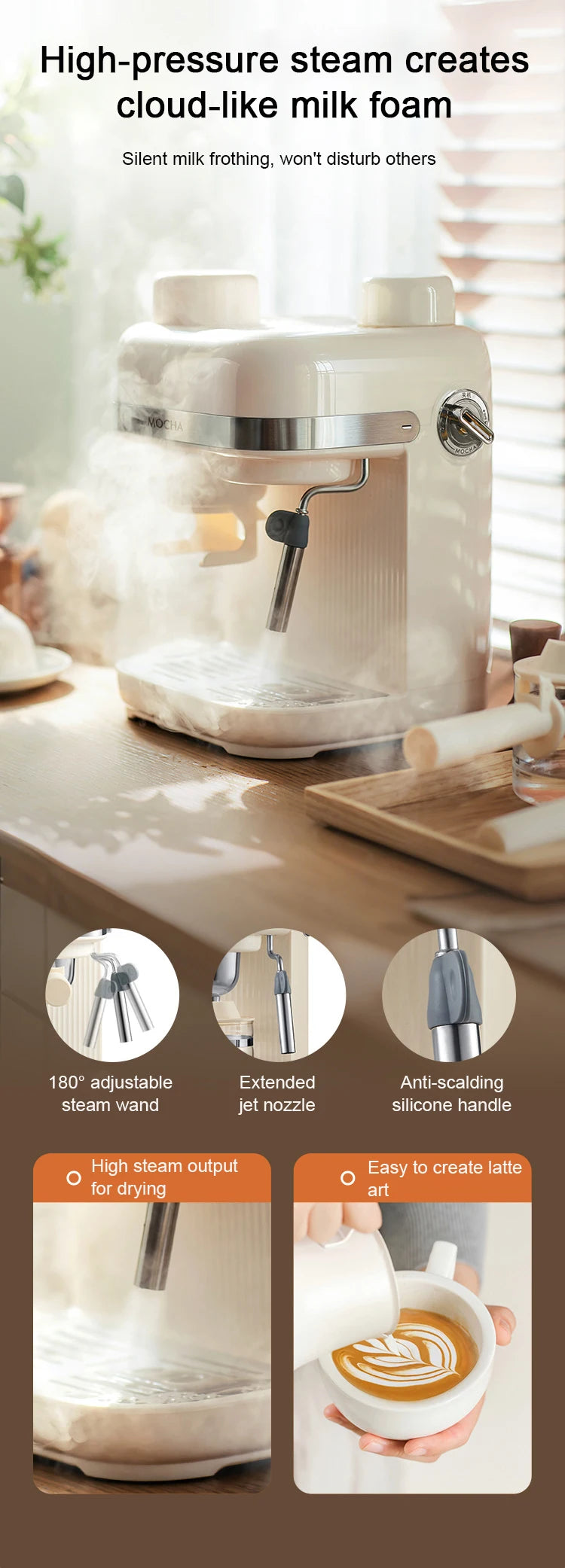 Cream Mocha espresso machine with adjustable steam wand and anti-scalding nozzle for latte art.