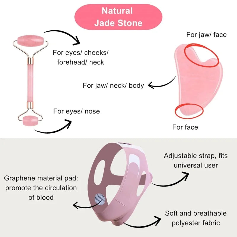 Pink jade face roller, gua sha stone, and a pink adjustable fabric V-line facial sculpting mask with labels.