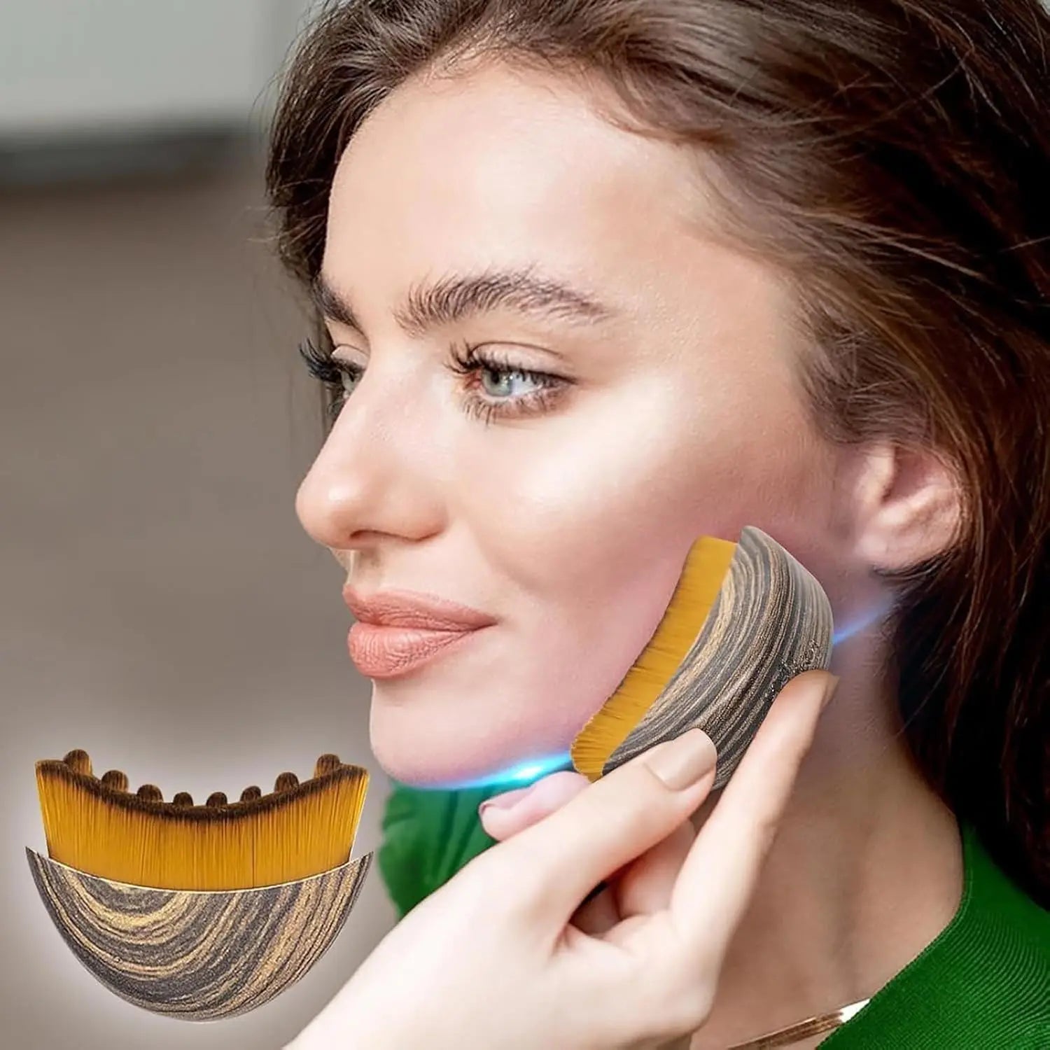 Woman using a curved facial contouring brush with wood-grain handle and dense yellow nylon bristles on her jawline.