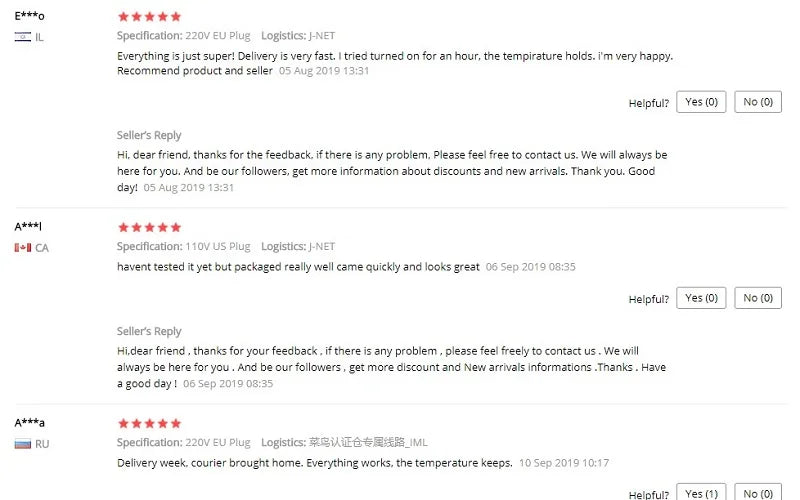 Customer reviews and seller replies for an electric coffee or tea mug warmer device with temperature control features.