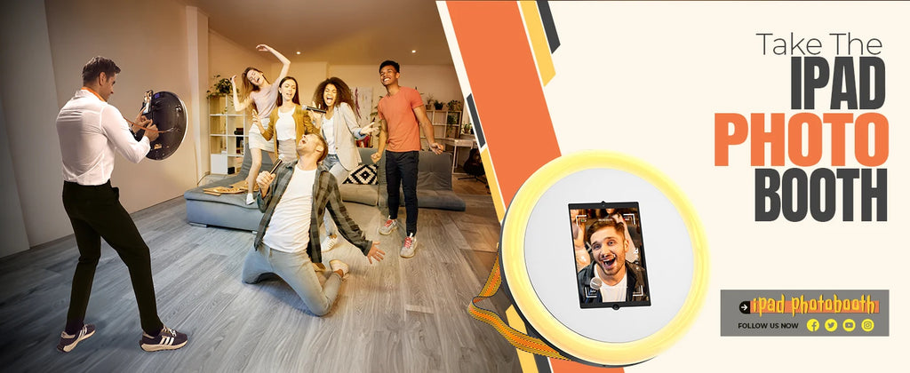 Round, white iPad photo booth with a built-in ring light, shown in a home party setting with people posing.